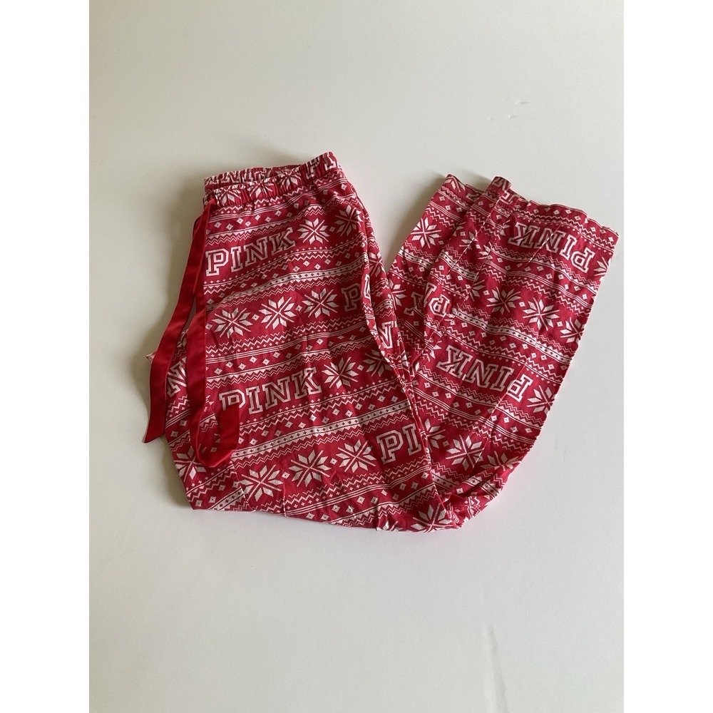 PINK Pajama Pants Red White Snowflakes Size XS Knit Cotton Ribbon Tie
